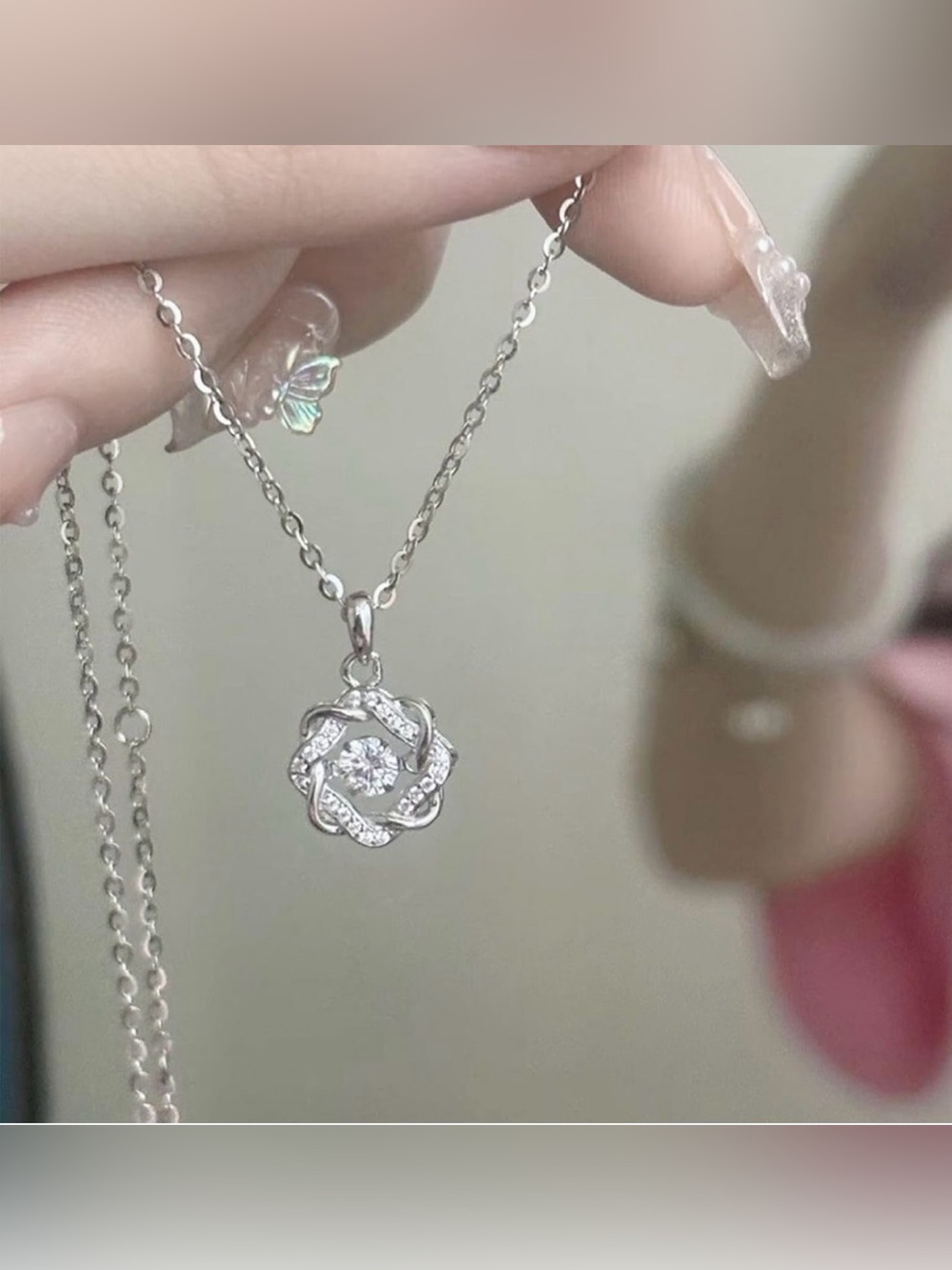 Silver Floral Crystal Pendant Necklace - Elegant Women's Jewelry - Picture 3 of 4